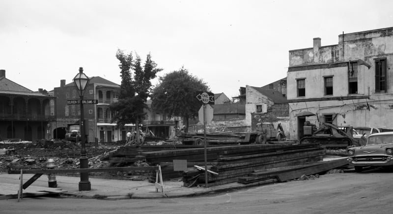 black and white image of a construction site