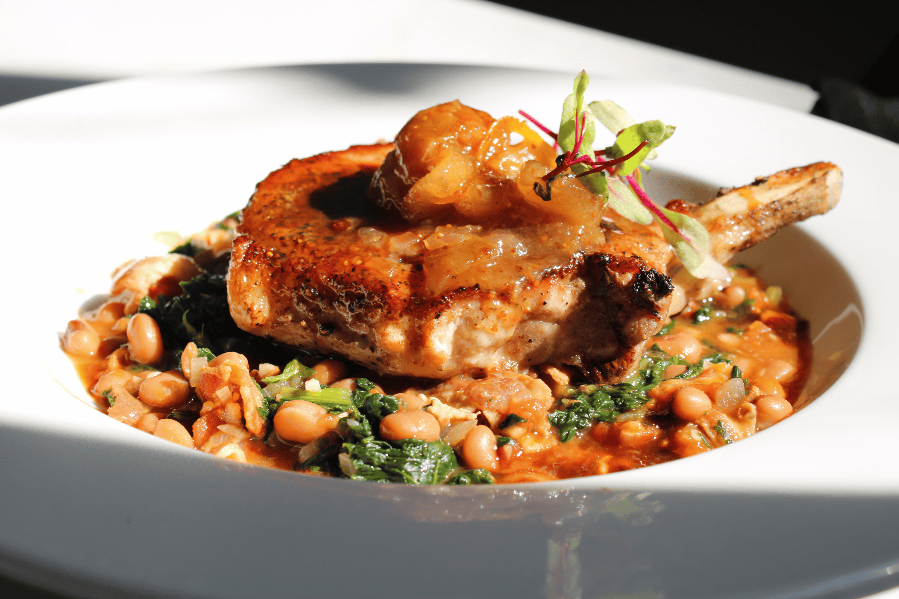 A plated dish with a pork chop, beans, and vegetables.